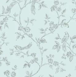 2814-24975 Aaron Light Blue Bird Trail Wallpaper