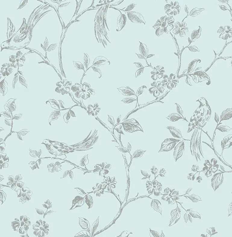 2814-24975 Aaron Light Blue Bird Trail Wallpaper