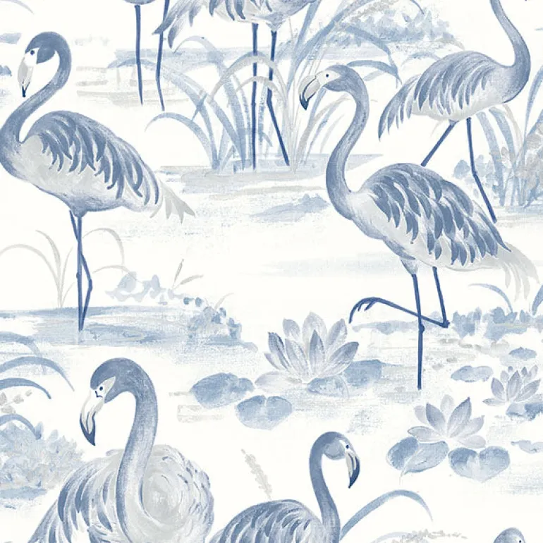3120-13602 Everglades Blue Flamingos Wallpaper