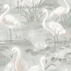 3120-13603 Everglades Grey Flamingos Wallpaper