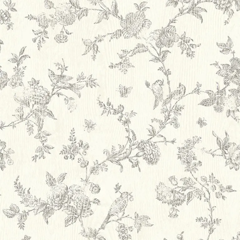 3119-02193 French Nightingale Taupe Floral Scroll Wallpaper