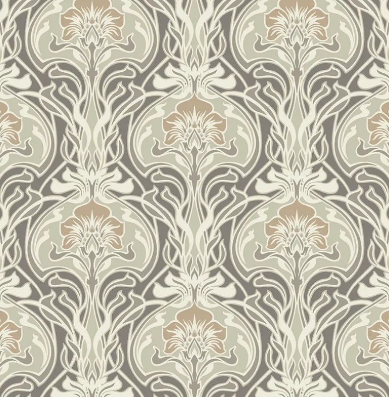 2970-26150 Mucha Dark Grey Botanical Ogee Wallpaper