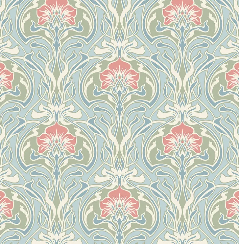 2970-26152 Mucha Light Blue Botanical Ogee Wallpaper