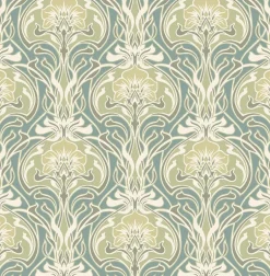2970-26151 Mucha Teal Botanical Ogee Wallpaper
