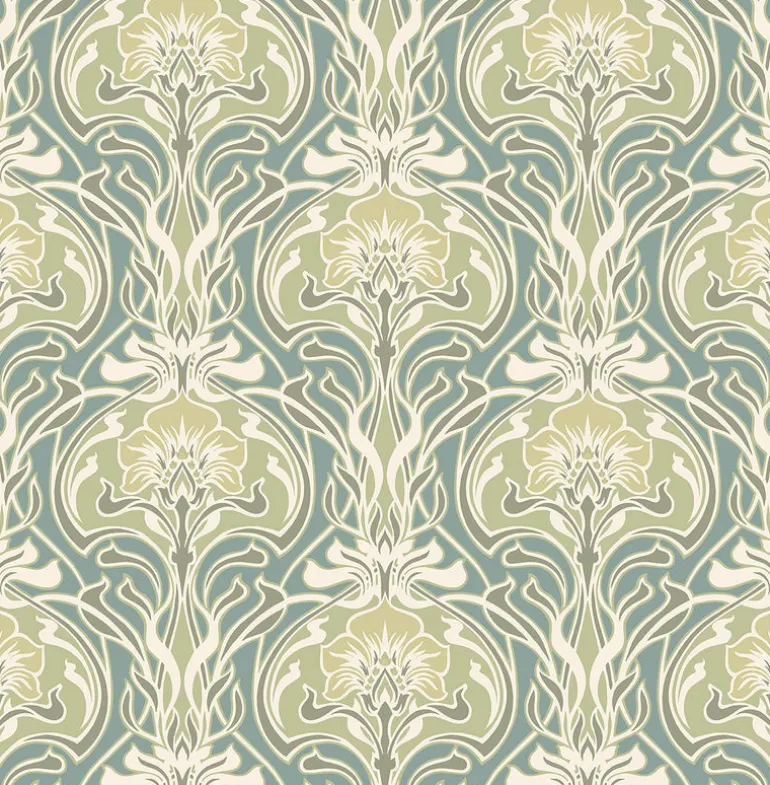 2970-26151 Mucha Teal Botanical Ogee Wallpaper