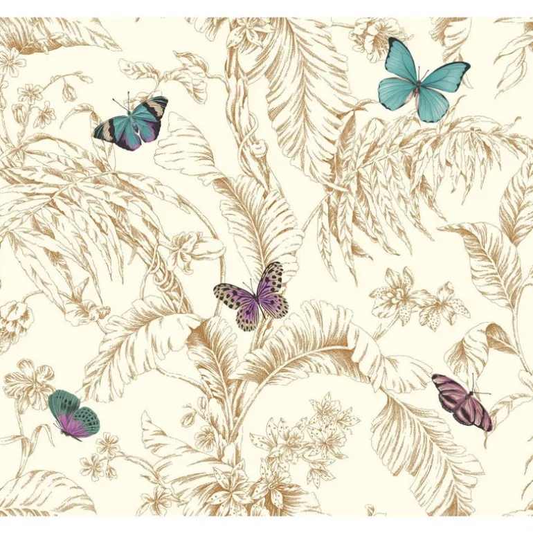AF2028 Metallic Rose Gold Aqua Purple Papillion Butterfly Toile Wallpaper