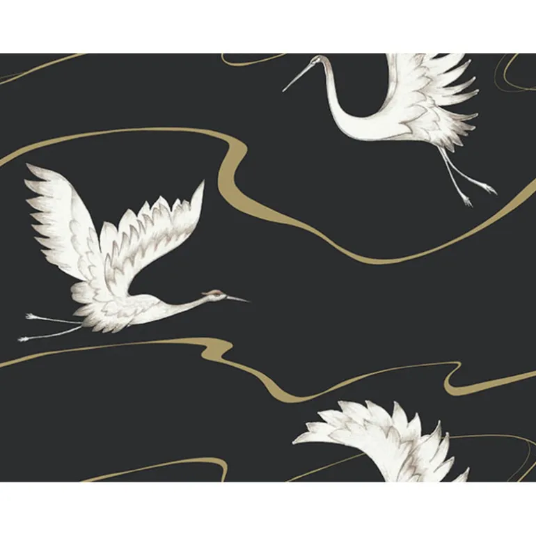BW3871 Black Gold Soaring Cranes Wallpaper