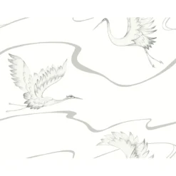 BW3873 White Silver Soaring Cranes Wallpaper