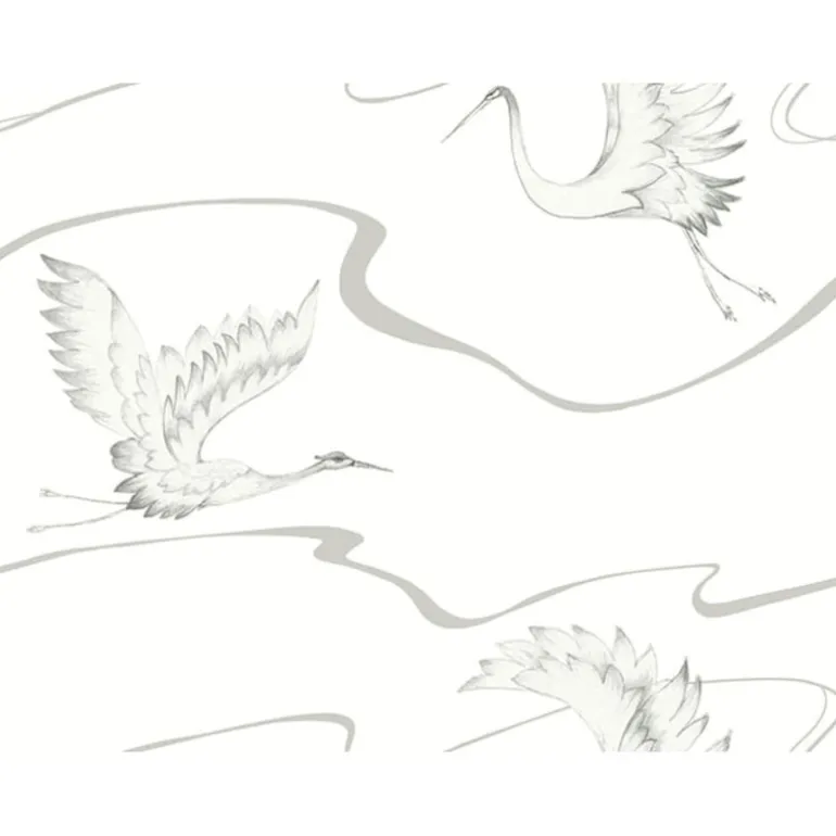 BW3873 White Silver Soaring Cranes Wallpaper