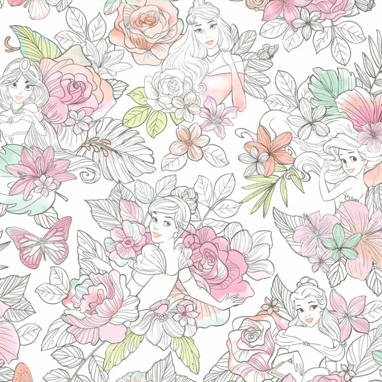DI0966 Coral Disney Princess Royal Floral Wallpaper
