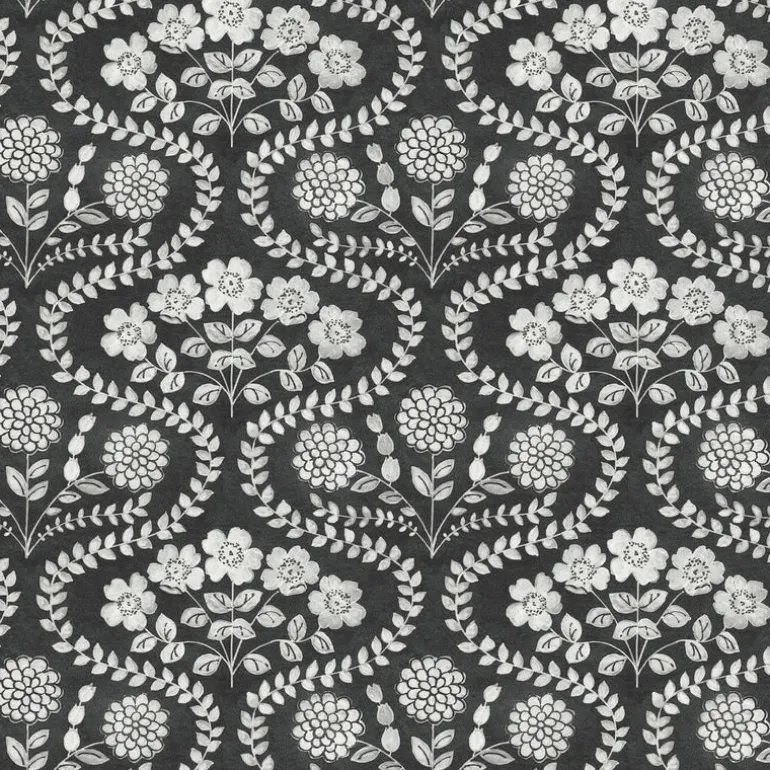 FH4022 Black/White Folksy Floral Wallpaper