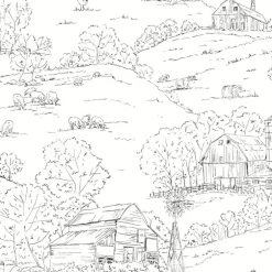 FH4031 Black/White Pasture Toile Wallpaper