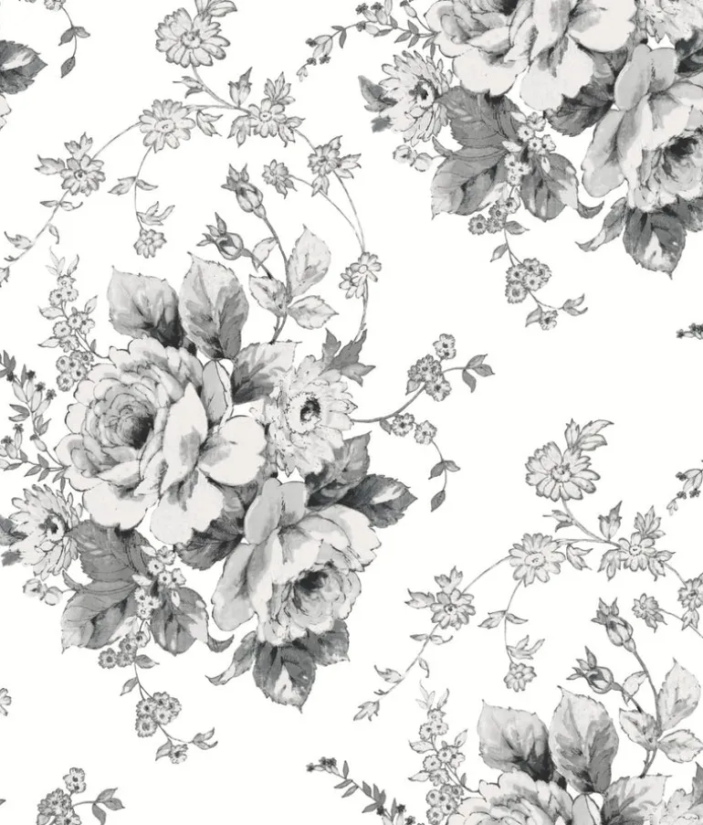 FH4086 White/Black Heritage Rose Wallpaper
