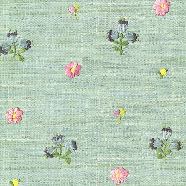 Gerda Mint Hand Embroidered Raffia Look Wallpaper