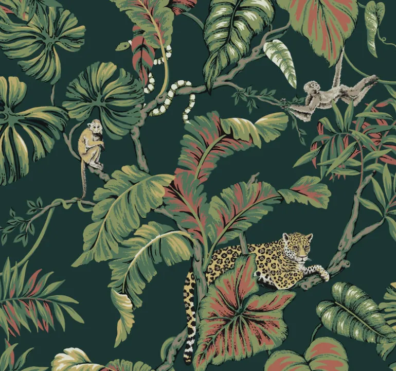 HO2146 Dark Green Jungle Cat Wallpaper