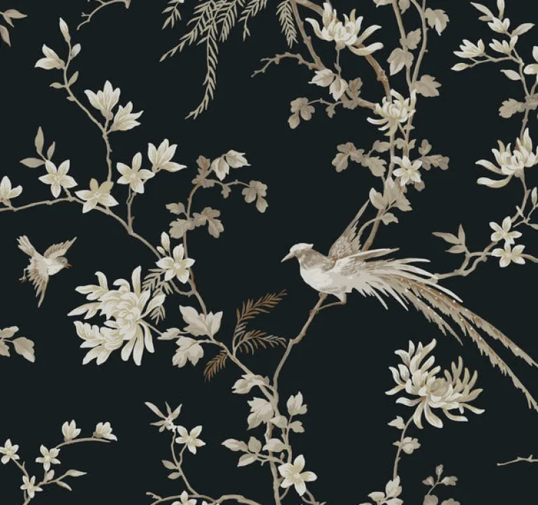 KT2173 Black Bird And Blossom Chinoserie Wallpaper
