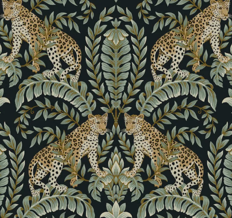 KT2205 Black/Green Jungle Leopard Wallpaper