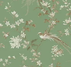 KT2175 Green Bird And Blossom Chinoserie Wallpaper