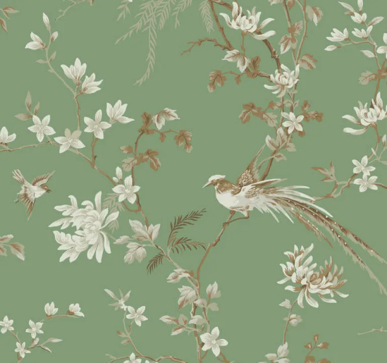 KT2175 Green Bird And Blossom Chinoserie Wallpaper