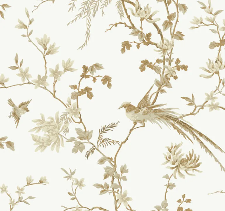 KT2174 White/Gold Bird And Blossom Chinoserie Wallpaper
