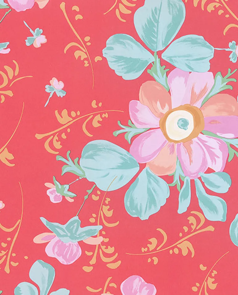 Lyse Coral Painted Flowers Wallpaper