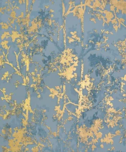 NW3581 Shimmering Foliage Blue/Gold Wallpaper