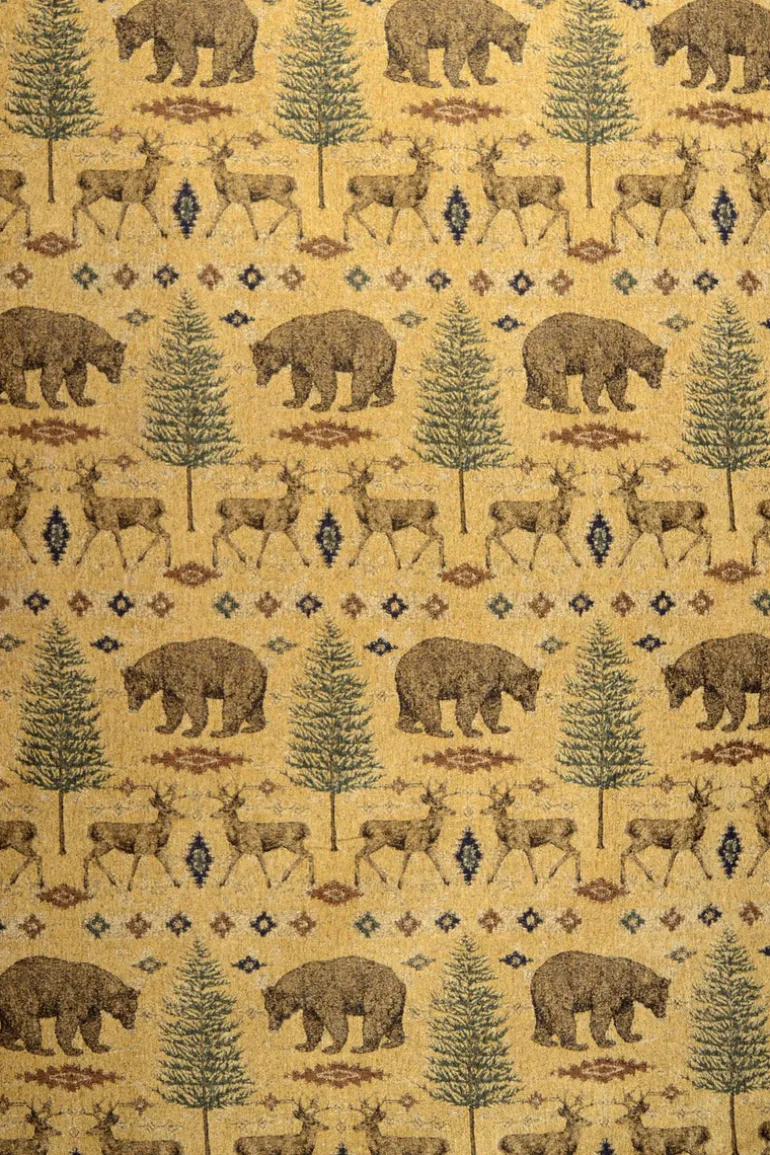 Ottawa Gold Lodge Bear Deer Pine Tree Chenille Upholstery Fabric