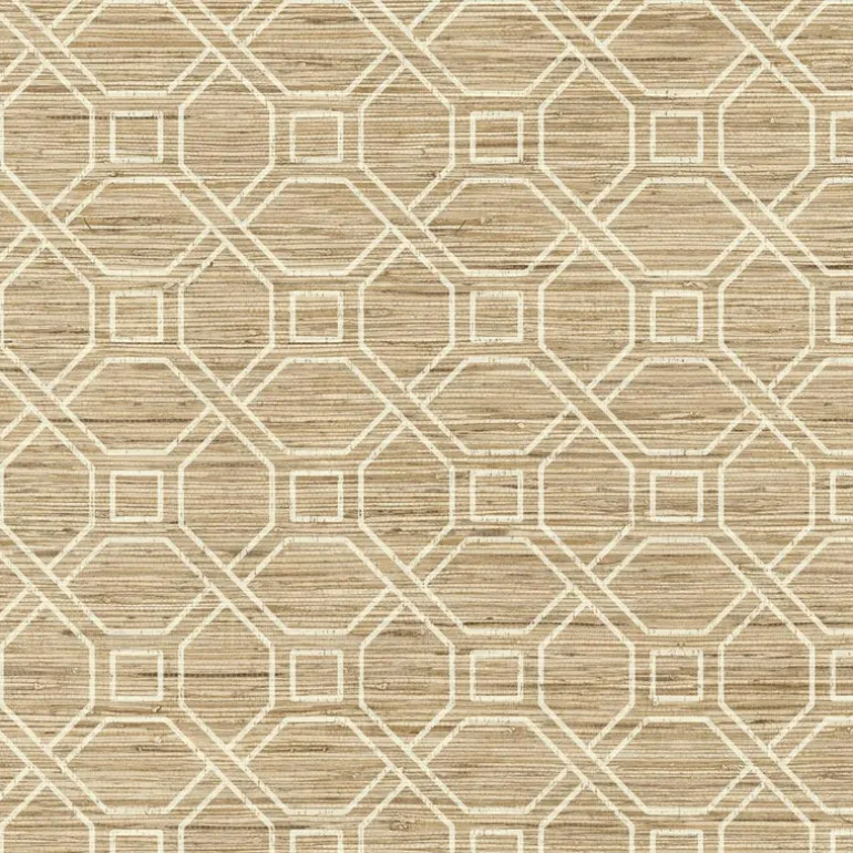 RMK11191WP Beige Coastal Trellis Faux Grasscloth Peel & Stick Wallpaper