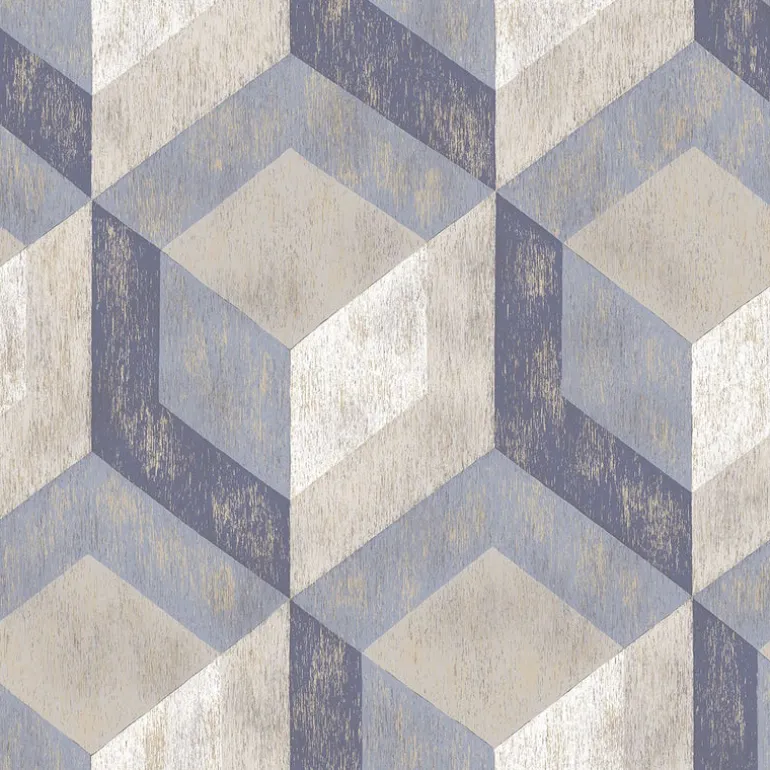 Rustic Wood Tile Blue Geometric Wallpaper