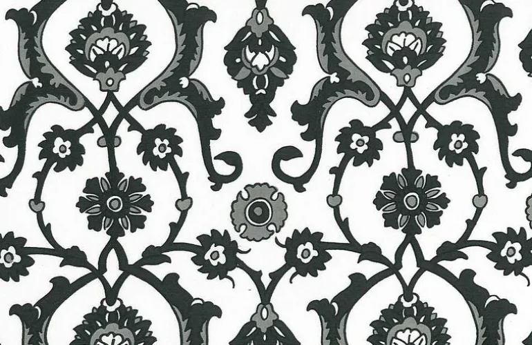 Turkish Tile Print Jet White Laura Kiran Fabric